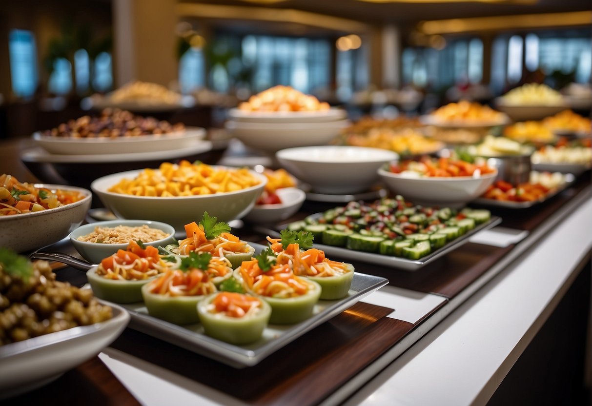 A colorful buffet spread with various cuisines on display at a hotel in Singapore, with promotional signs highlighting current promotions