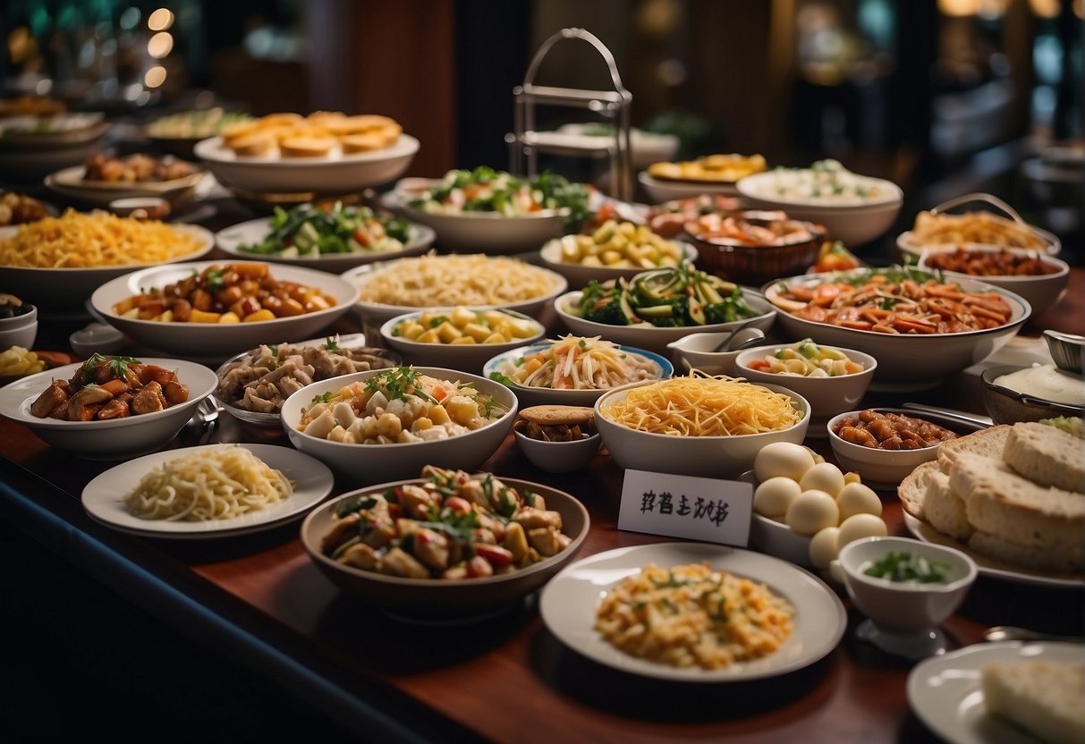 A long table filled with a variety of dishes, from local favorites to international cuisine, with a sign promoting senior citizen buffet promotions in Singapore