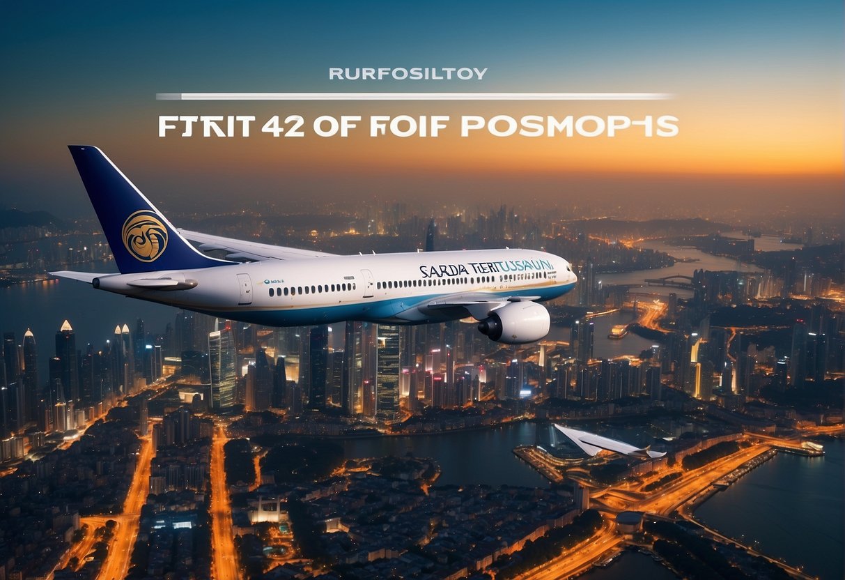 An airplane flying over a city skyline with a bold text overlay of 'Exciting Travel Deals For 2024 Saudi Airline Singapore Promotions' in the sky