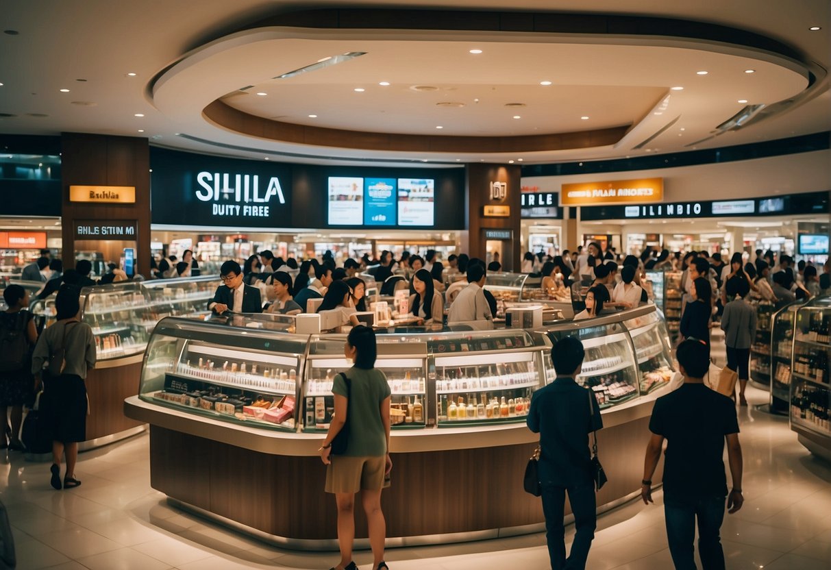 A bustling scene at Shilla Duty Free in Singapore, with vibrant promotional displays and excited shoppers