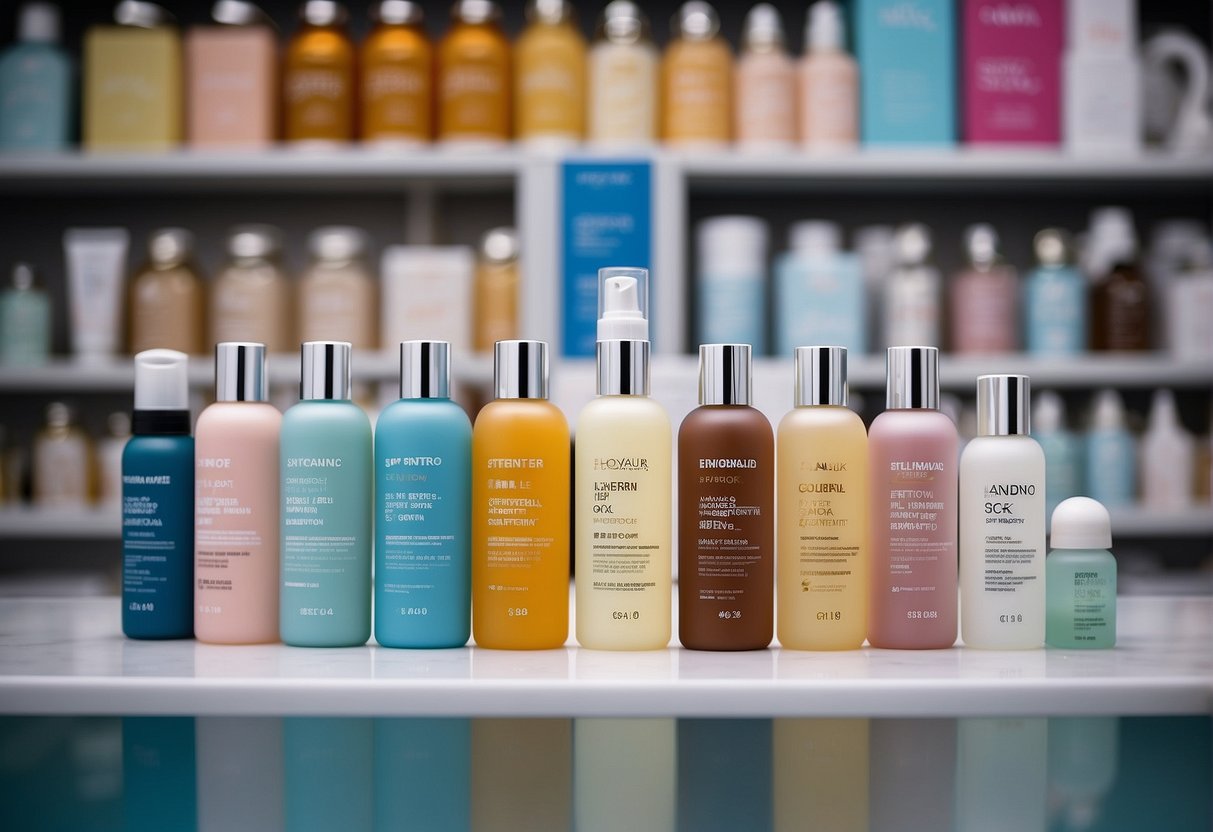 A vibrant display of skincare products with promotional signs and labels at Skin Lab Singapore