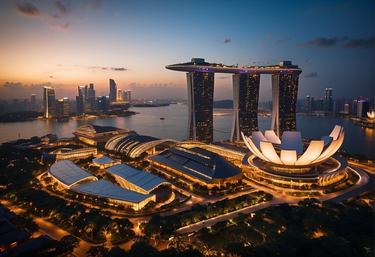 The vibrant cityscape of Singapore forms the backdrop as the iconic RWS hotel stands tall, with its dazzling lights and luxurious amenities beckoning guests to indulge in the ultimate experience