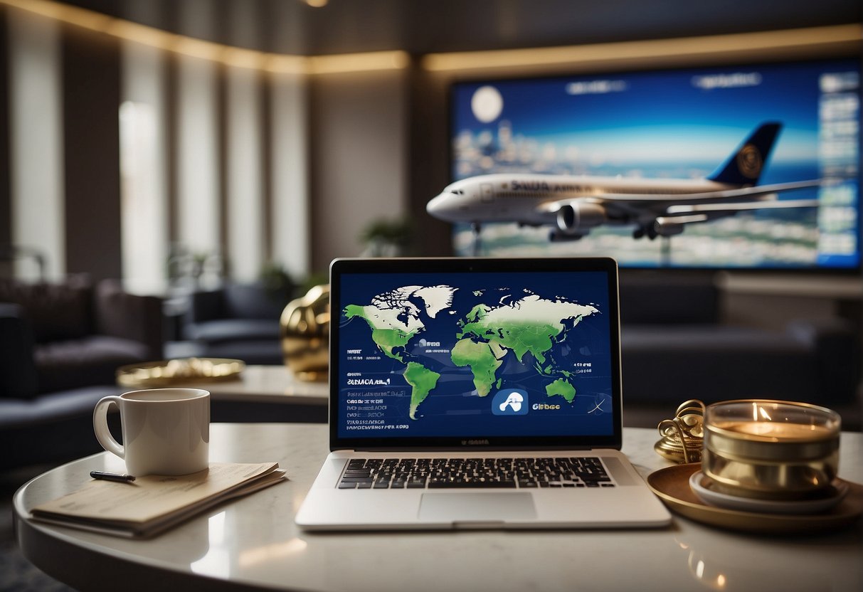 A person booking a flight online with Saudi Airlines, surrounded by promotional offers and savings information