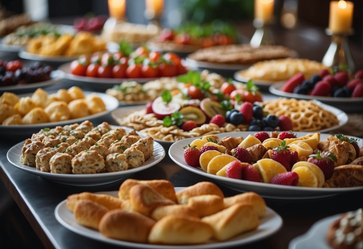A colorful buffet spread with a variety of dishes and desserts, displayed on elegant serving platters and surrounded by festive decorations
