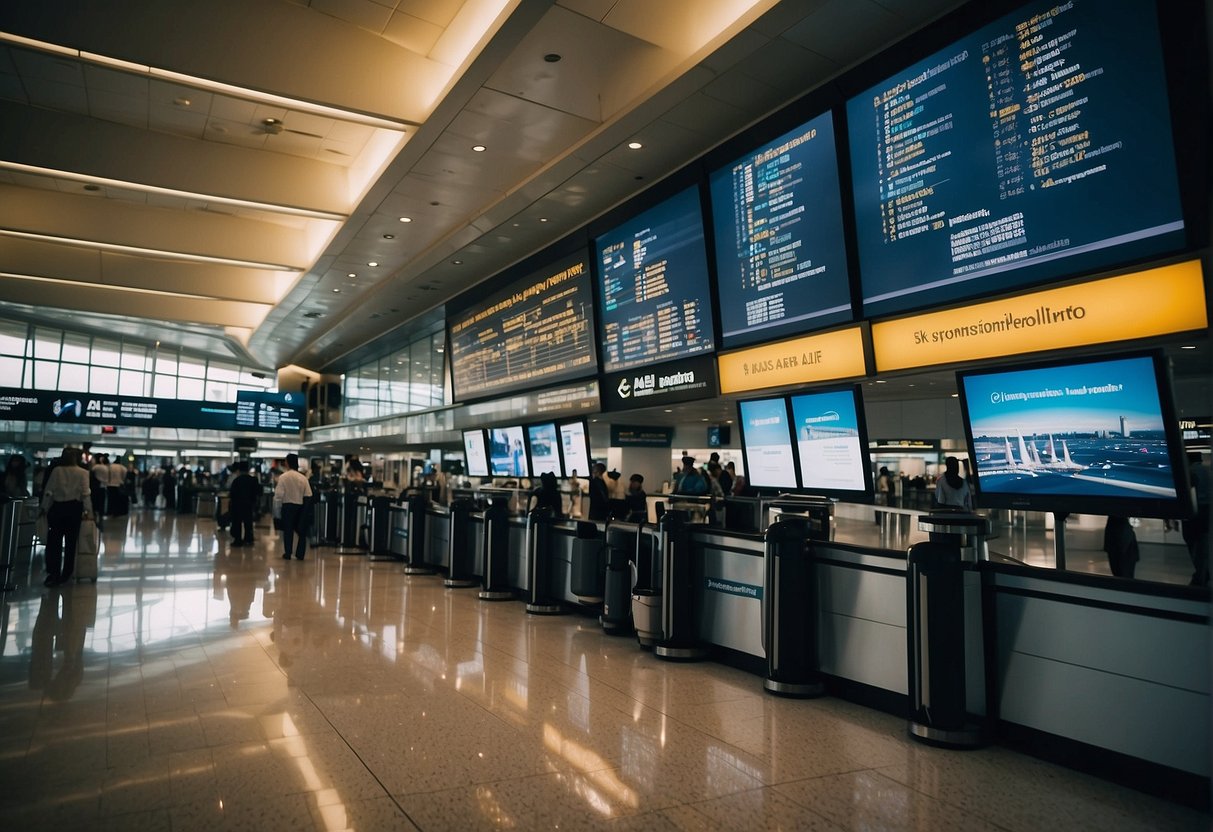 A crowded airport terminal with a prominent display board showcasing "Frequently Asked Questions Saudi Airline Singapore Promotions"