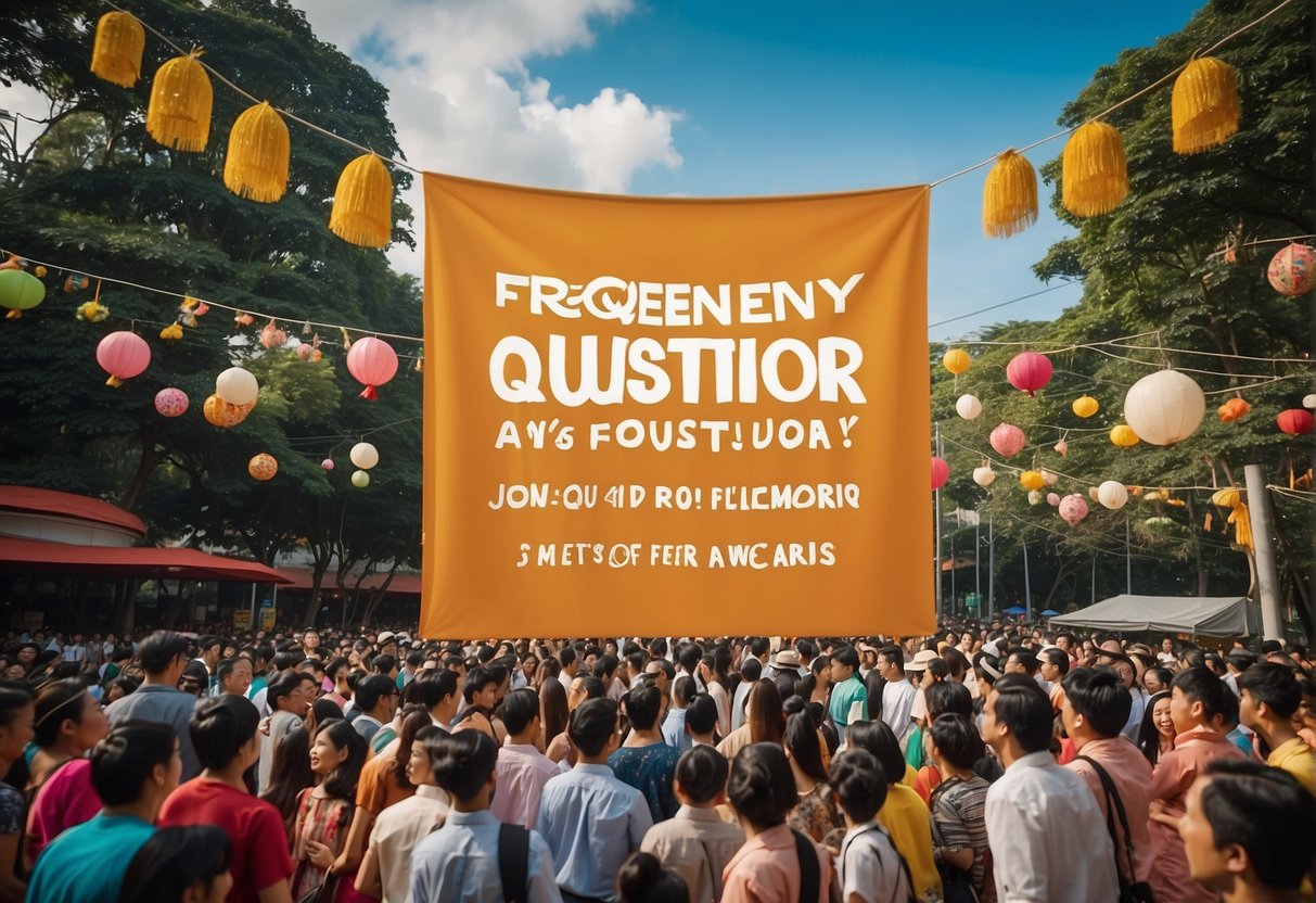 A colorful banner with "Frequently Asked Questions August Promotions Singapore" displayed prominently, surrounded by festive decorations and a crowd of excited onlookers