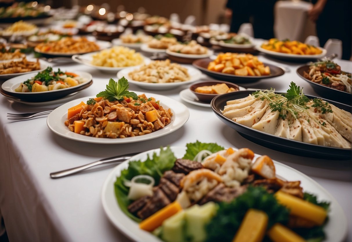 A lavish hotel buffet spread with a variety of international cuisines and elegant dining settings, showcasing exclusive lifestyle and dining privileges in Singapore