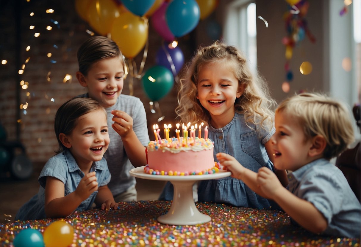 Children playing games, blowing up balloons, and eating birthday cake at a colorful party table with streamers and confetti