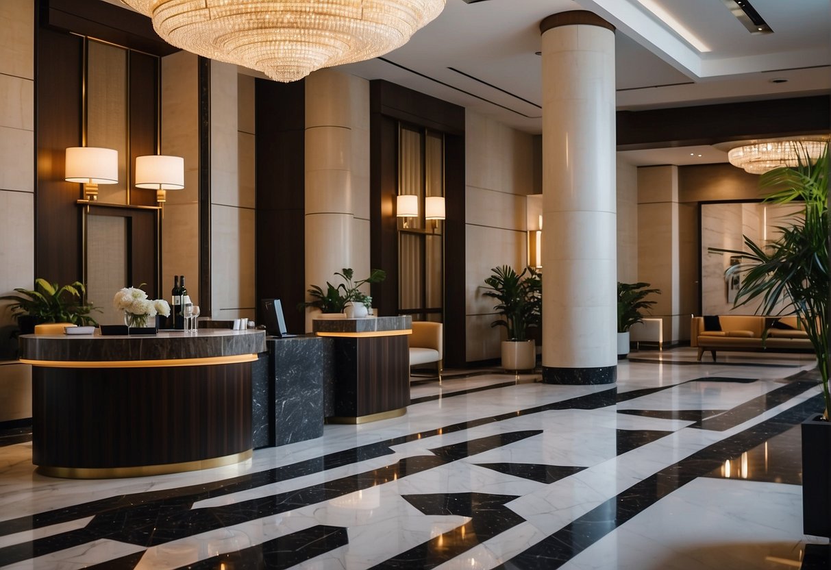 A luxurious hotel lobby with a grand entrance, modern furnishings, and a sleek check-in counter. The walls are adorned with promotional posters for exclusive 2024 deals