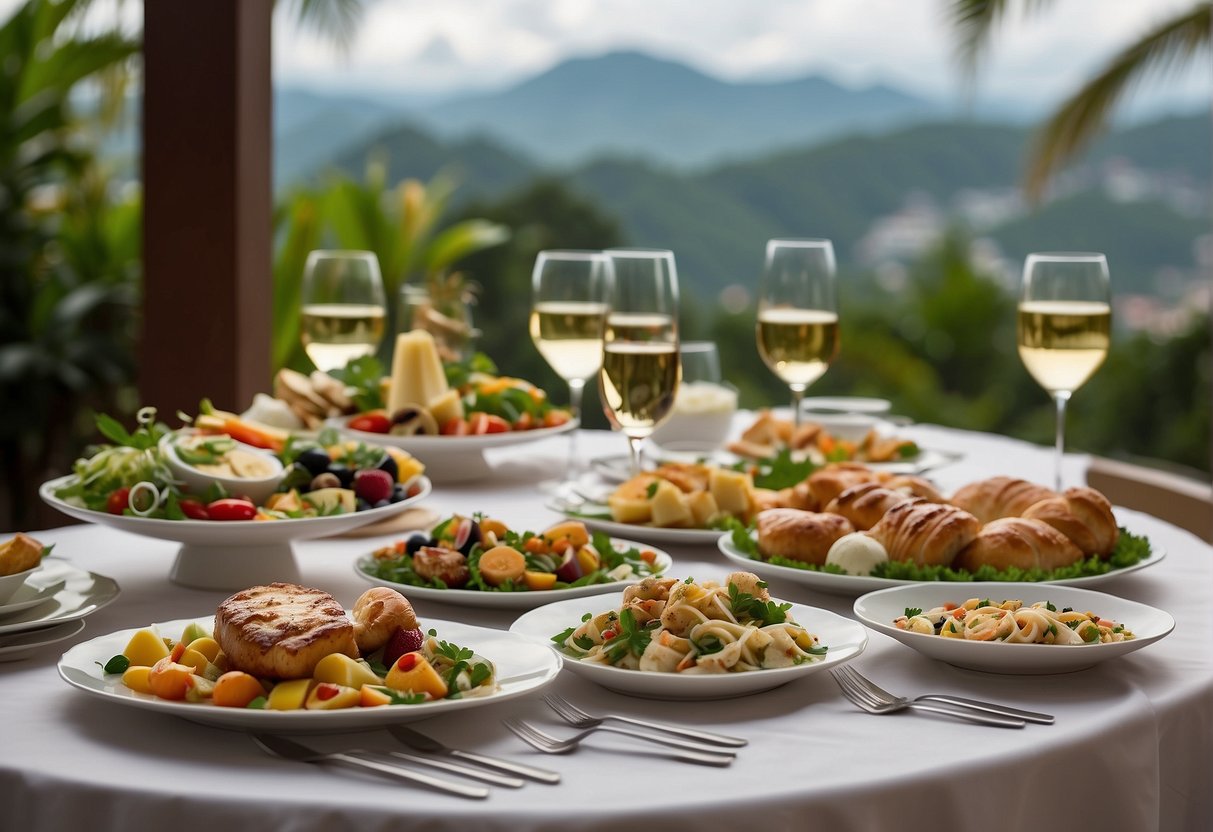 A table set with a variety of gourmet dishes, surrounded by lush greenery and a luxurious hotel backdrop. Promotional banners for staycation deals adorn the area