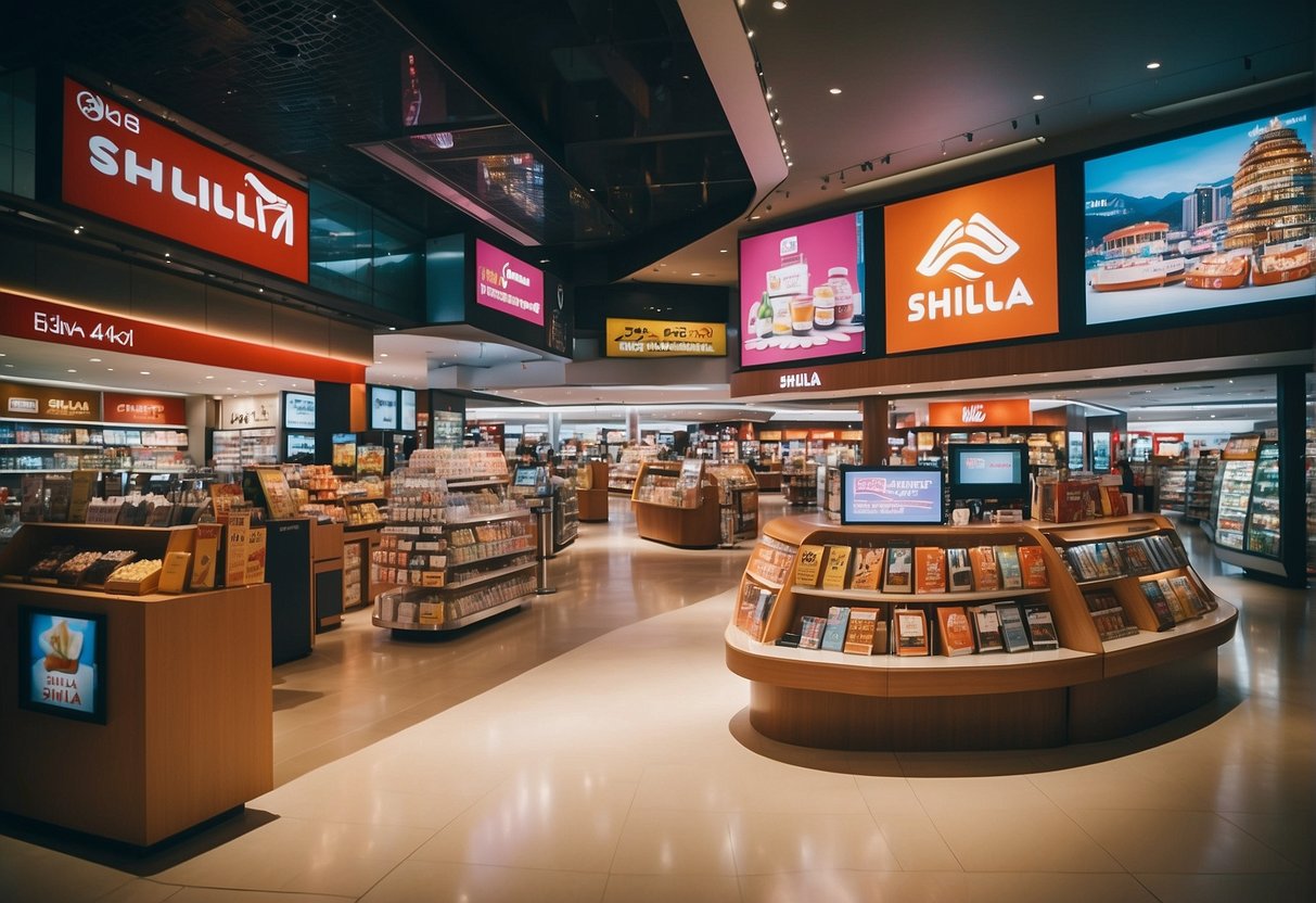 The scene depicts a vibrant display of promotional signs and products at Shilla Duty Free in Singapore