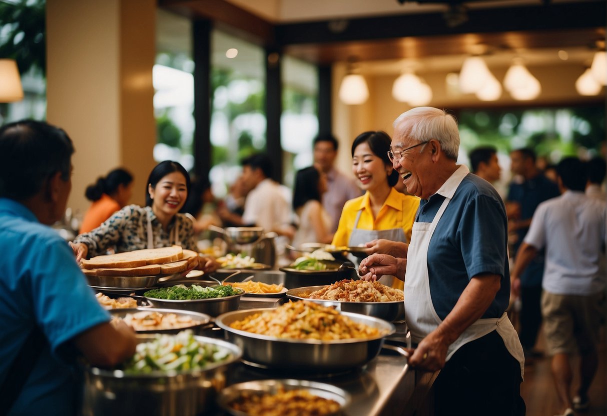 A bustling buffet restaurant with vibrant senior citizens enjoying weekend getaway promotions in Singapore. The atmosphere is filled with excitement and laughter as they savor the delicious spread of food