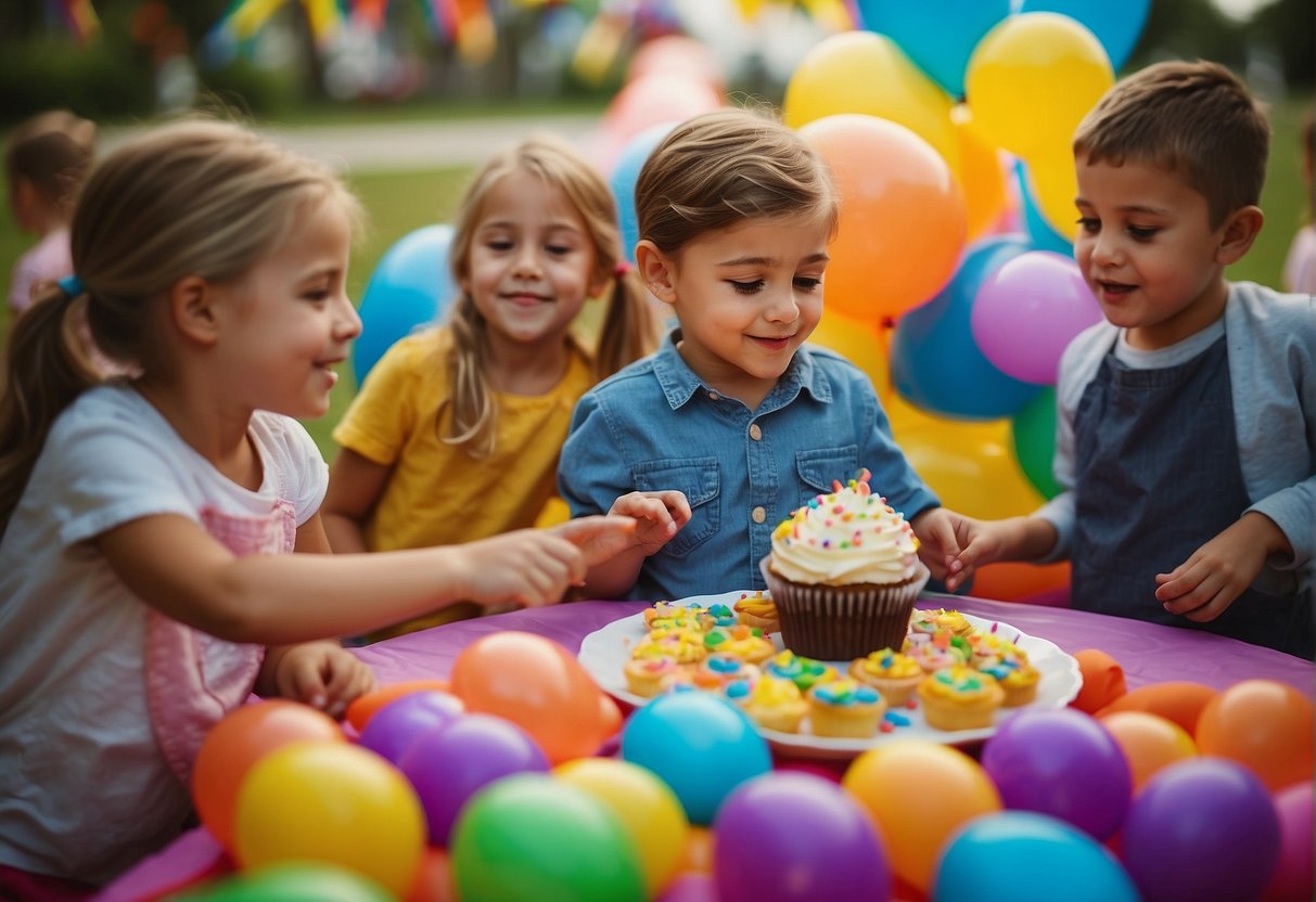 Children playing games, blowing up balloons, and decorating cupcakes at a colorful birthday party with a "Special Touches and Favors" theme