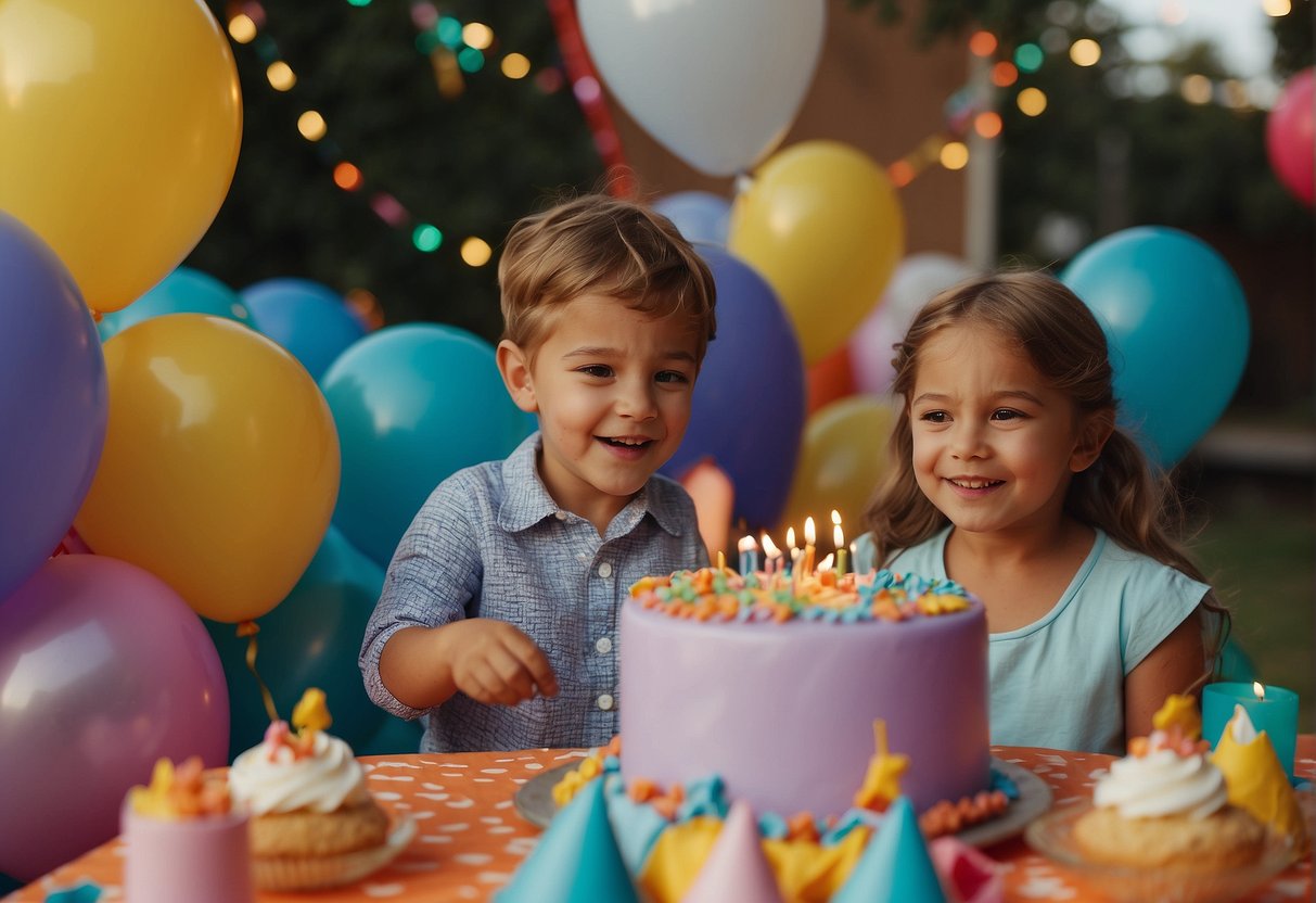 Children playing games, blowing up balloons, and eating cake at a colorful 5th birthday party