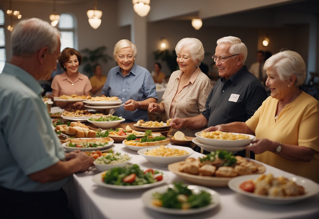 A group of senior citizens enjoying a buffet spread in a bright and spacious restaurant, with staff members assisting and answering questions about promotions