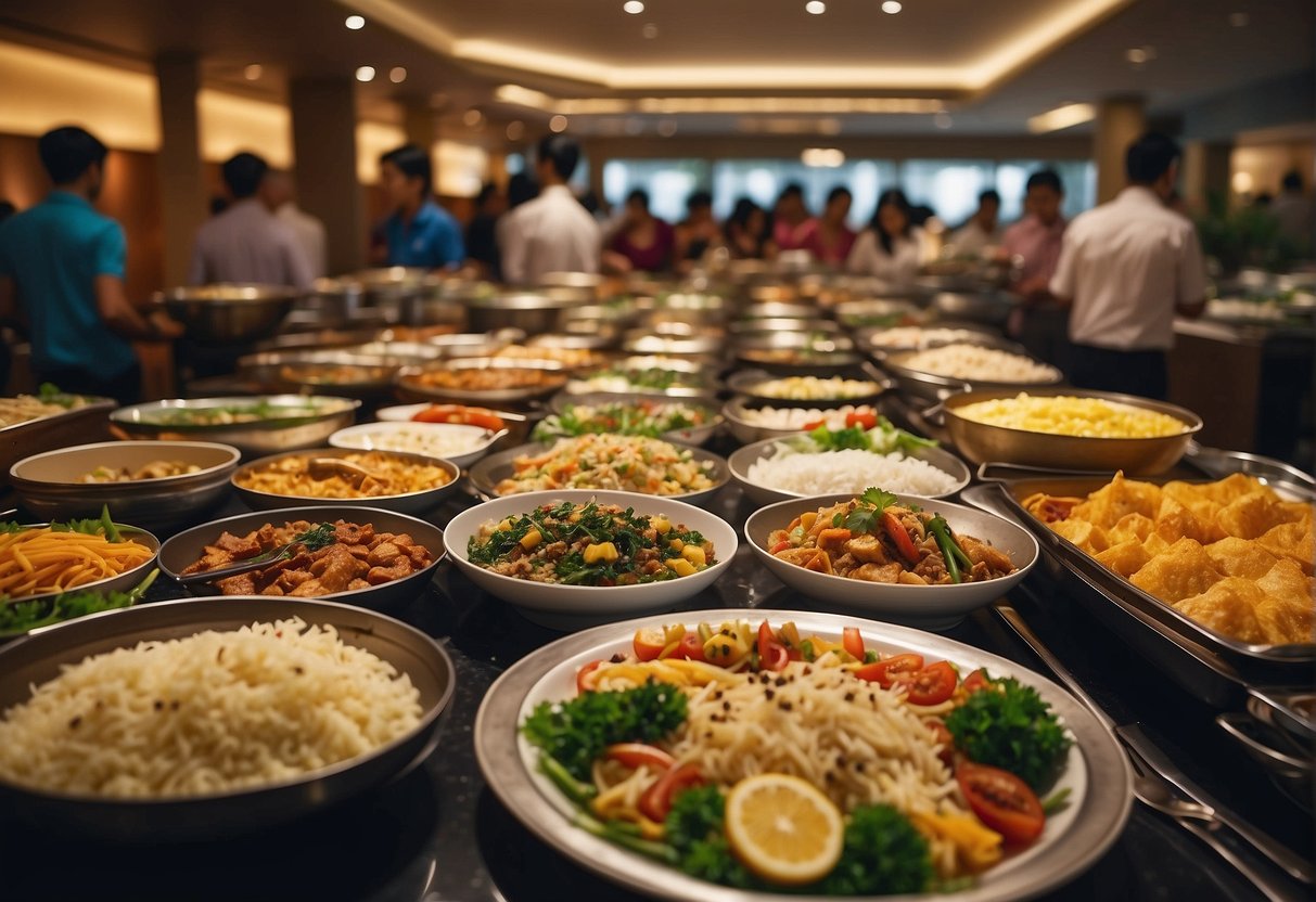 A bustling hotel buffet in Singapore, with a colorful spread of local and international dishes, surrounded by eager customers