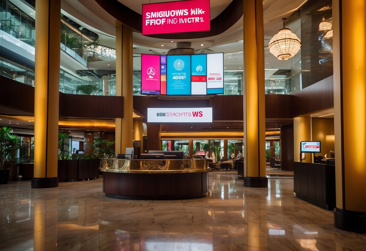 The bustling lobby of RWS Hotel in Singapore, with colorful promotional banners hanging from the ceiling and a display of frequently asked questions on a digital screen