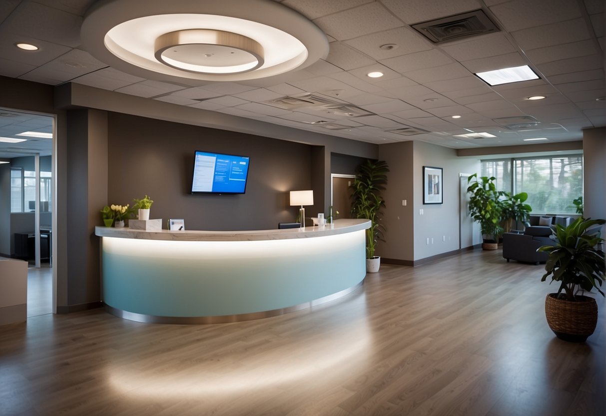 A modern medical weight loss clinic in Atlanta, with a welcoming reception area, consultation rooms, and state-of-the-art equipment for physical assessments and treatments