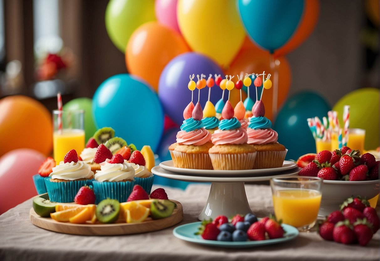 A table set with colorful cupcakes, fruit skewers, and juice boxes. Balloons and streamers decorate the room for a 6th birthday celebration