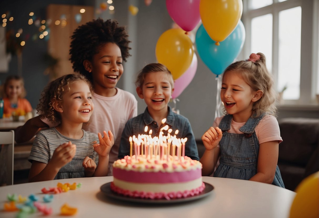 Children playing games, blowing out candles, opening presents, and laughing at a birthday party. Balloons, streamers, and a colorful cake create a festive atmosphere