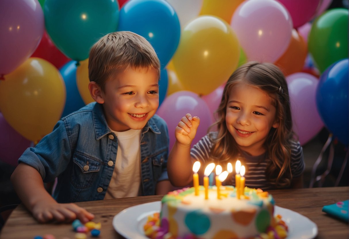 Children playing games, blowing up balloons, and enjoying a colorful birthday cake at a 7th birthday party