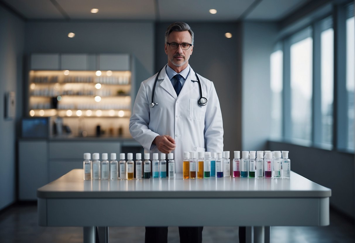 A doctor in a white coat stands next to a table with vials and syringes. A poster on the wall explains the benefits of weight loss injections