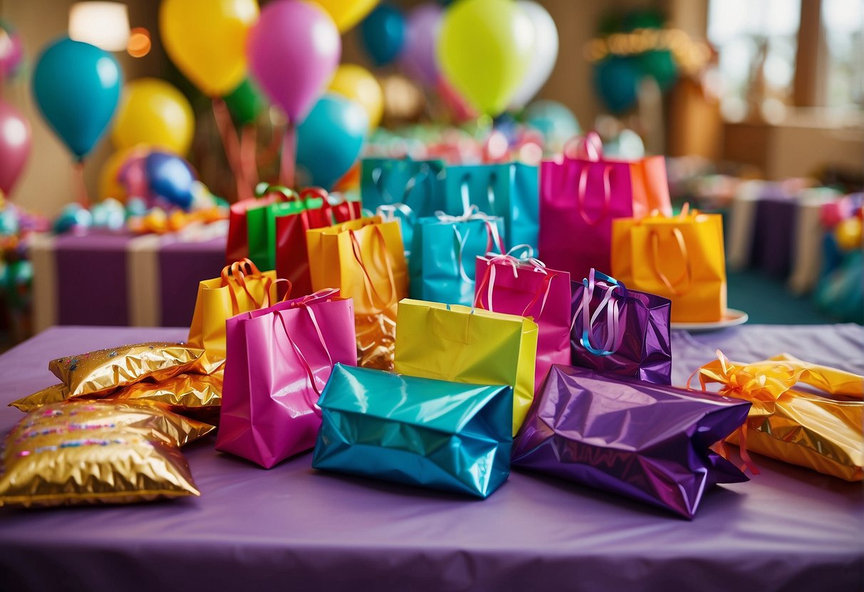 Colorful party favors and goodie bags scattered on a table, surrounded by excited children at a 7th birthday party