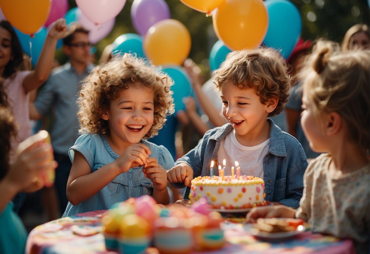 Children playing games, blowing up balloons, and eating cake at a colorful birthday party