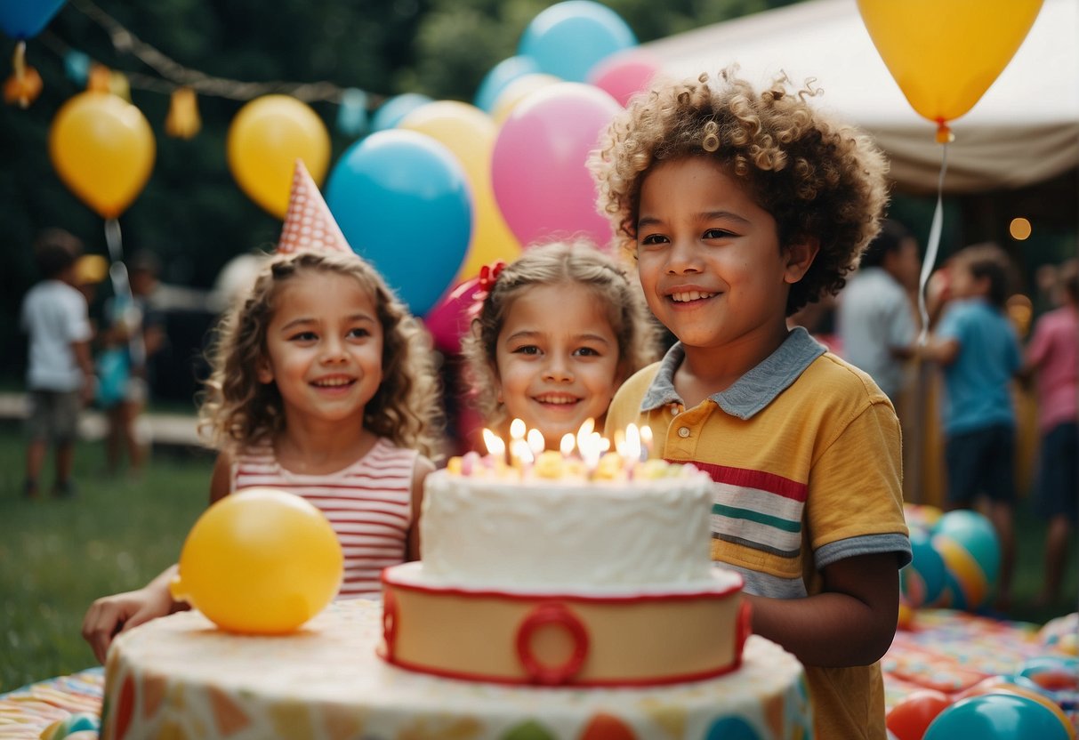 Children play games, open presents, and eat cake at an outdoor birthday party. Balloons and decorations fill the space