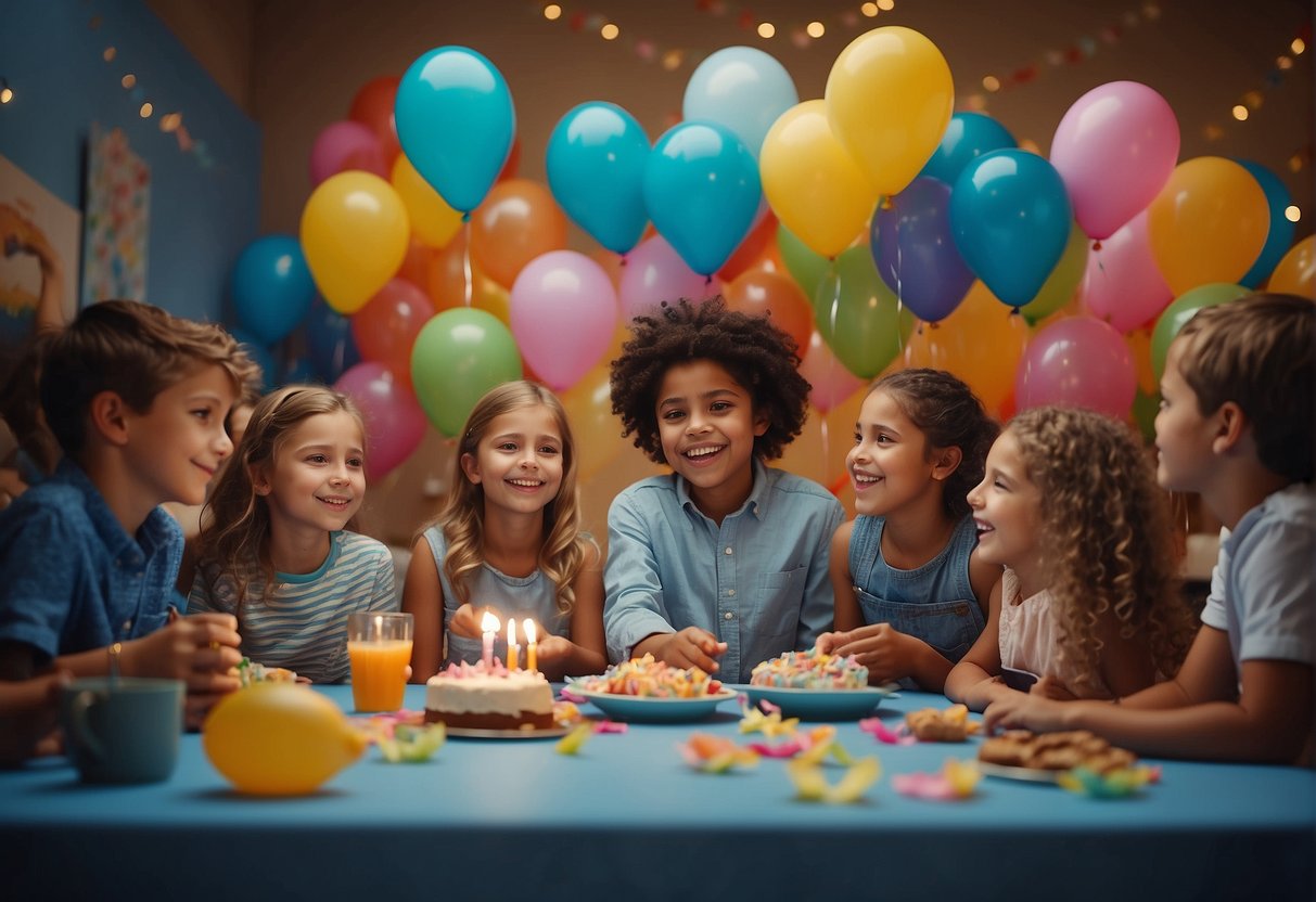 Children gather around a table, brainstorming ideas for an 8th birthday celebration. Balloons, streamers, and cake sketches cover the walls