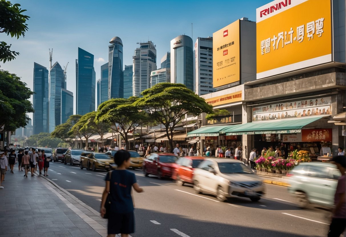 A bustling Singapore street, with colorful Rinnai promotions displayed in storefronts and on billboards. Busy shoppers pass by, and the city skyline looms in the background
