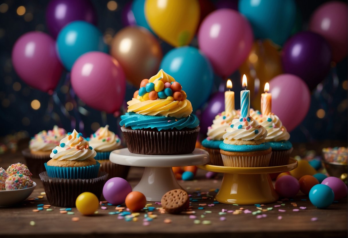 Colorful cupcakes, cookies, and candies arranged on a table with balloons and streamers in the background. A birthday cake with candles is being brought out