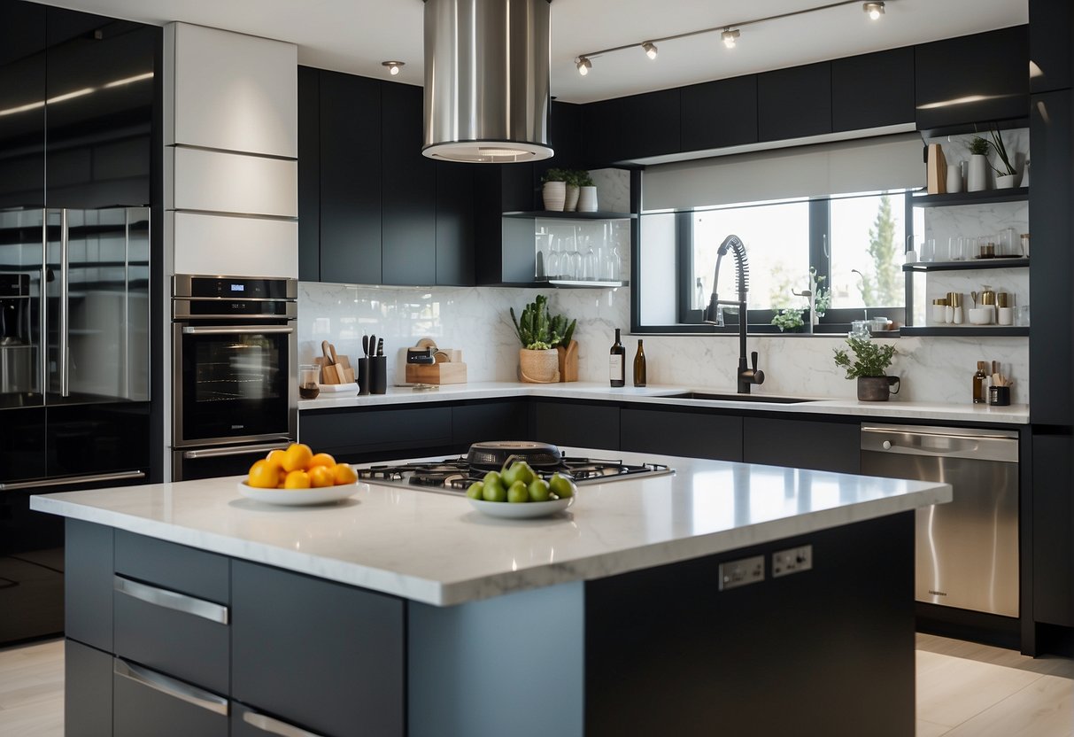A sleek, modern kitchen with Rinnai appliances on display, surrounded by promotional banners and signs