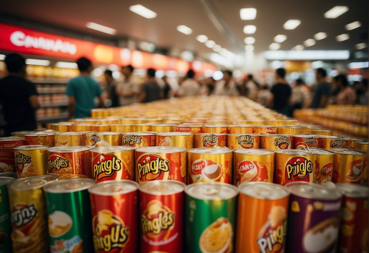 A table covered with Pringles cans, surrounded by promotional signage and a crowd of eager shoppers in a busy Singapore supermarket
