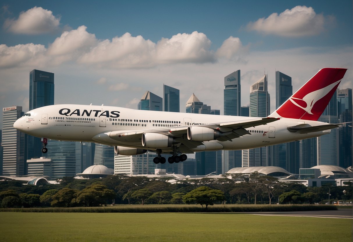 A Qantas plane flying over the iconic skyline of Singapore, with the city's landmarks in the background and a promotional banner trailing behind