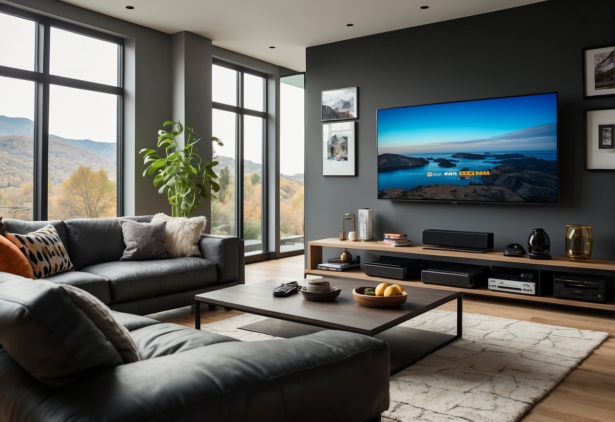 A vibrant living room with a sleek entertainment system and a modern communication setup, surrounded by bold promotional banners