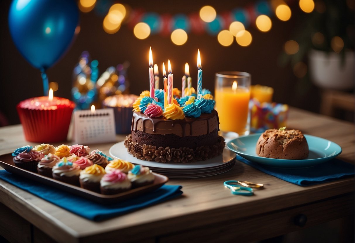 A table with colorful decorations and a cake, surrounded by presents and party hats. A calendar with the date "8th" is visible in the background