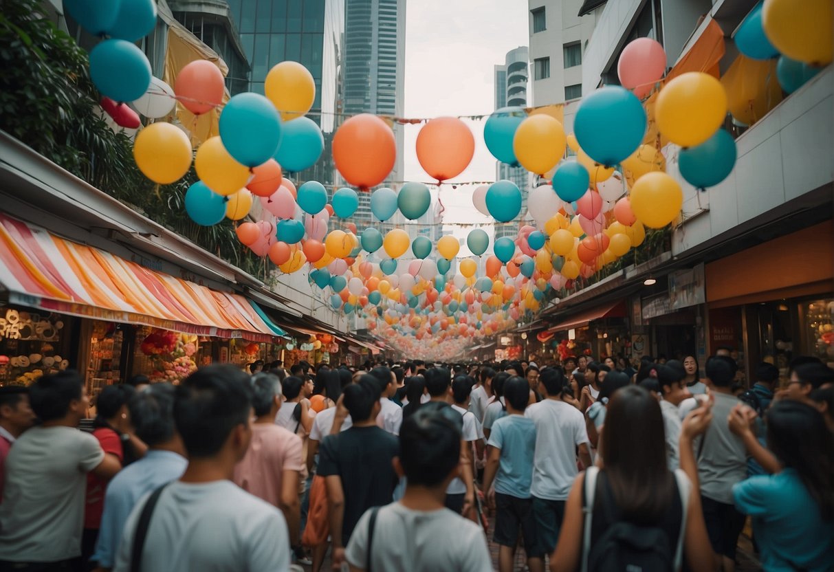 Colorful banners and balloons fill the bustling streets of Singapore, promoting a lively party world. Bright lights and energetic music create an exciting atmosphere