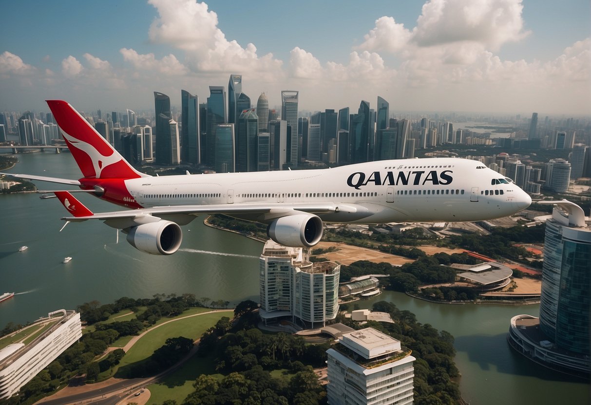 A Qantas airplane flying over the iconic Singapore skyline, with a banner displaying "Current Promotions" in bold letters