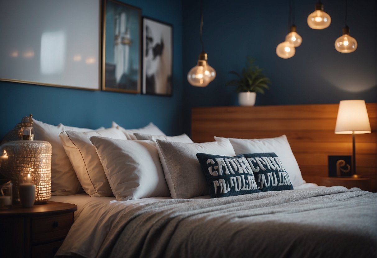 A cozy bedroom with a stack of plush pillows, each adorned with the logo of a different brand, displayed on a vibrant, eye-catching backdrop