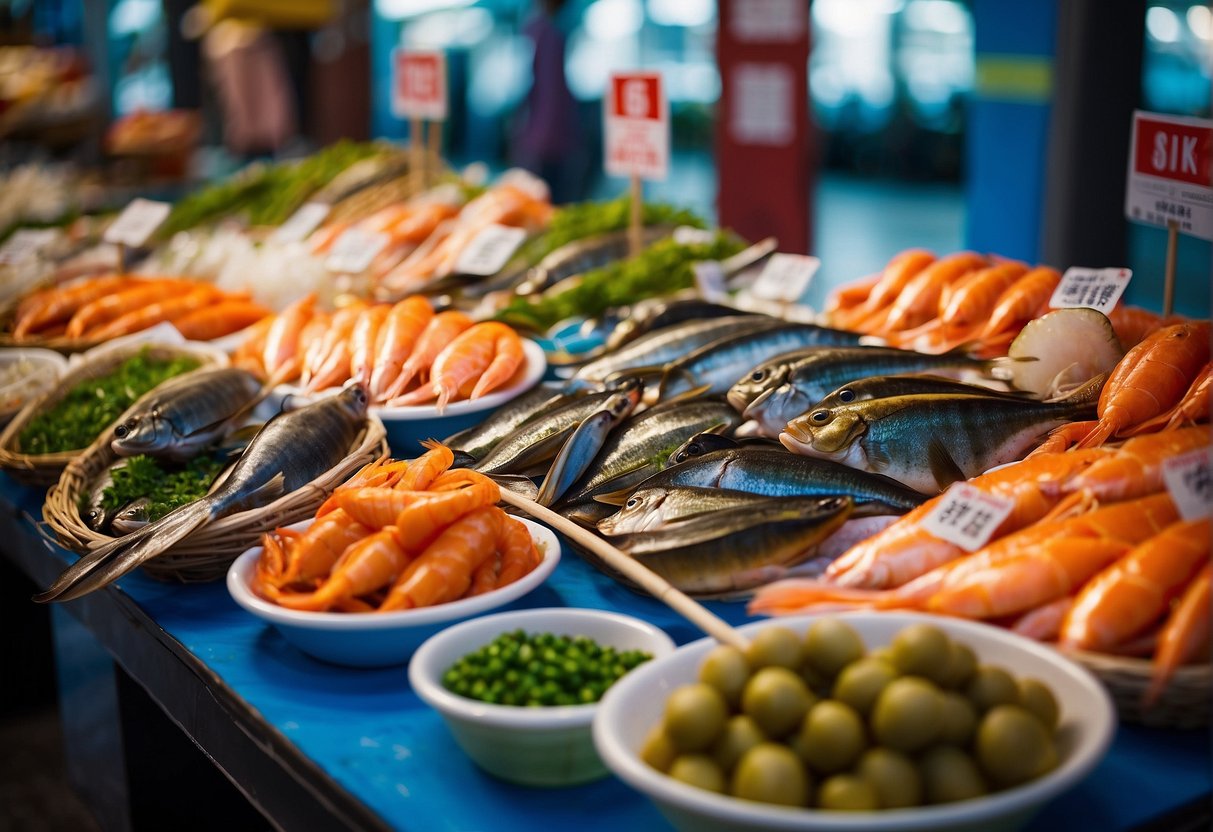 A vibrant seafood market display with fresh catches and promotional signs at Red House Seafood Promotions, Singapore in 2024