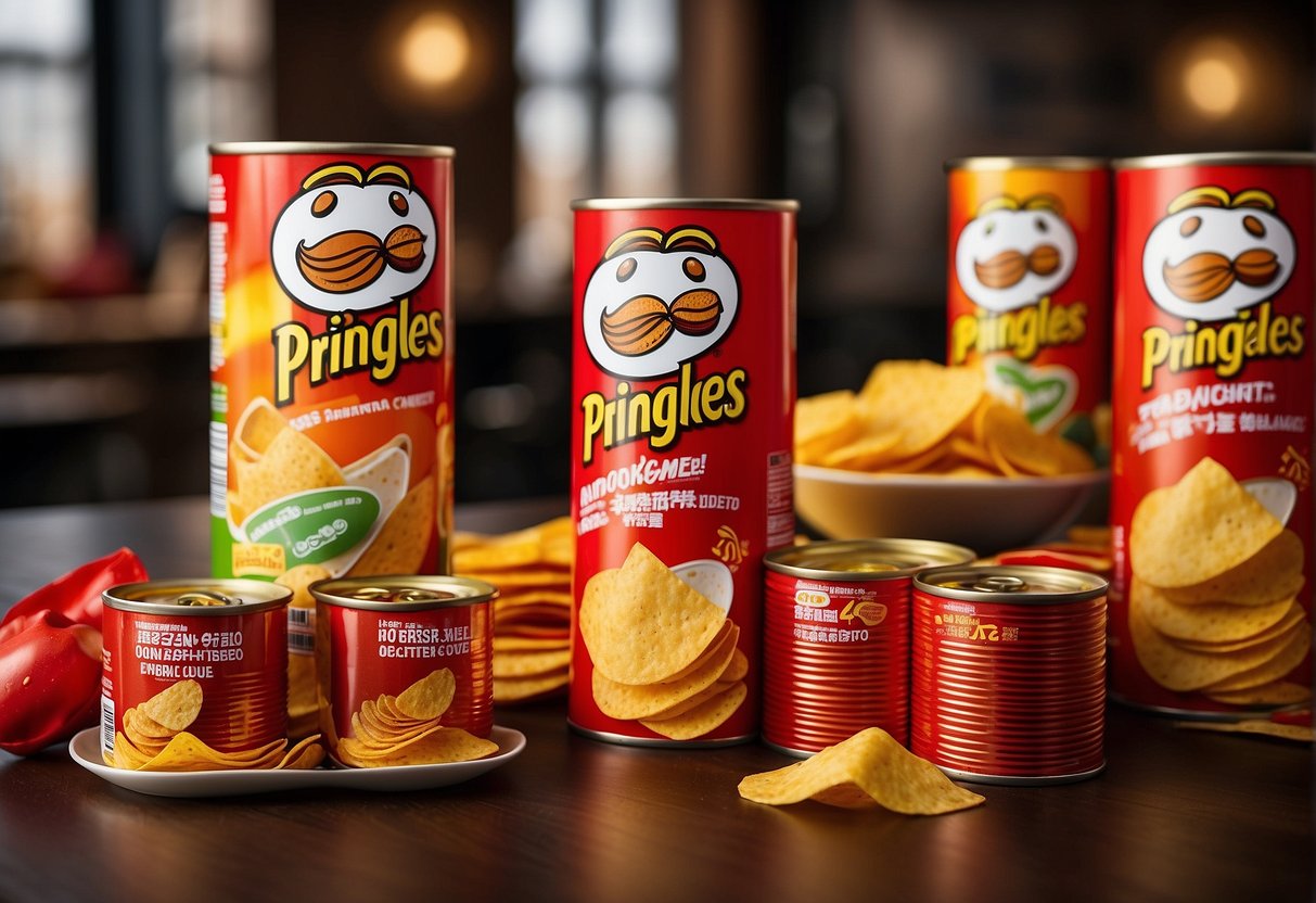 A table with various Pringles Paprika cans arranged in an eye-catching display, surrounded by promotional signage and banners