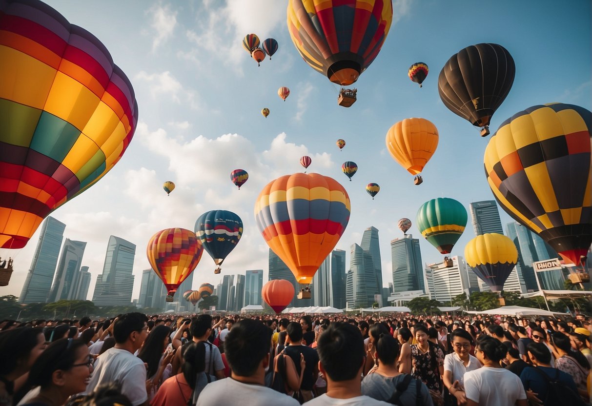 Colorful hot air balloons fill the sky above Singapore's cityscape, with crowds of people below enjoying the festivities of the Spectacular Balloon Fest 2024