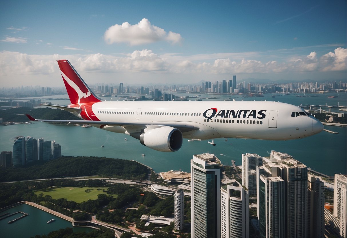 Qantas Singapore promotions: Logo with airplane flying over iconic Singapore landmarks. Text "Frequently Asked Questions" in bold font