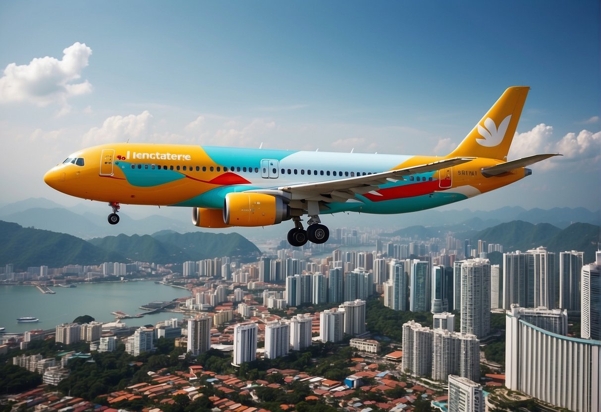A colorful airplane flying over the Penang skyline with promotional banners for flights to Singapore