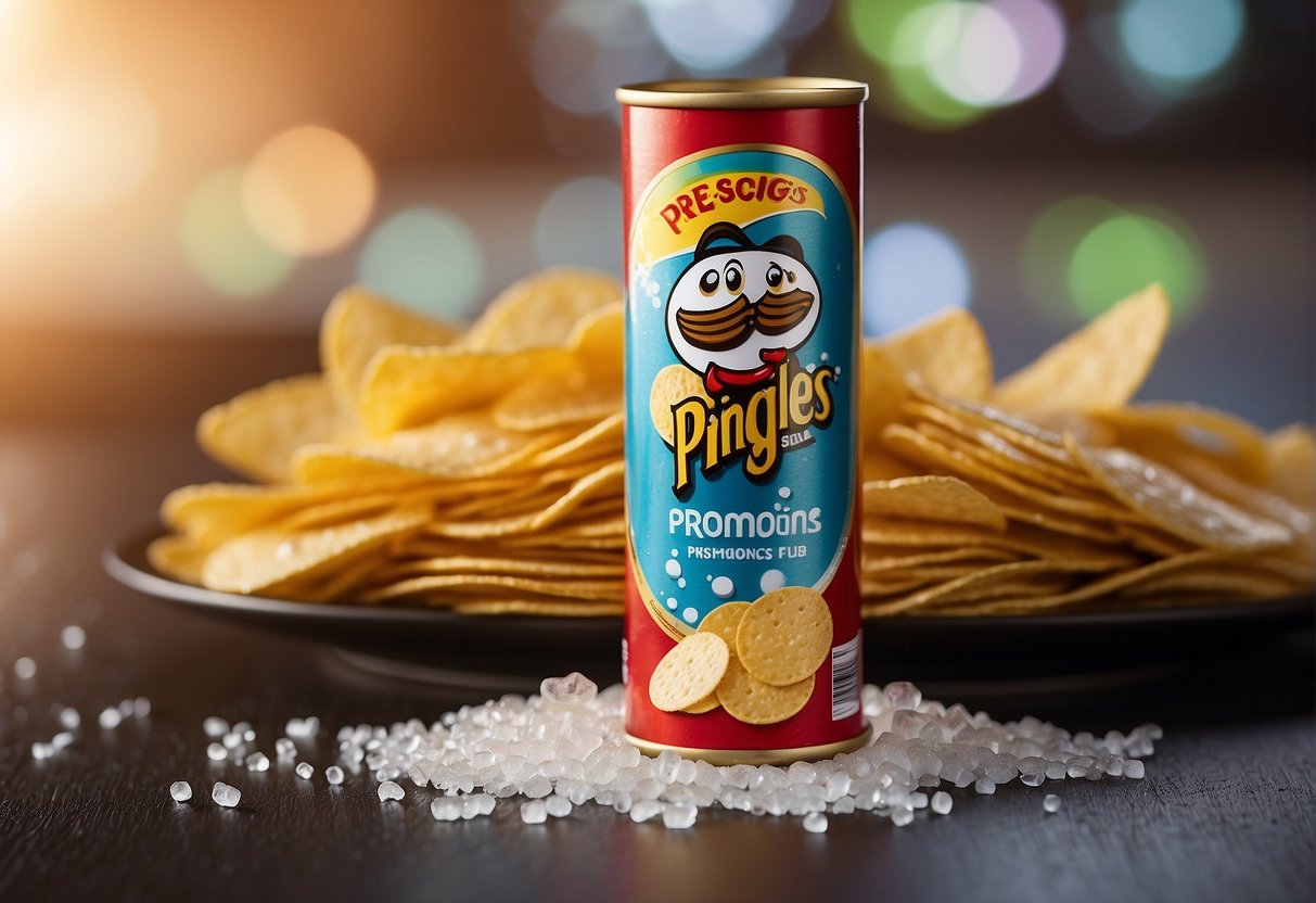 A stack of Pringles chips with a "promotions Singapore" label, surrounded by salt crystals and a bold, flavorful aura