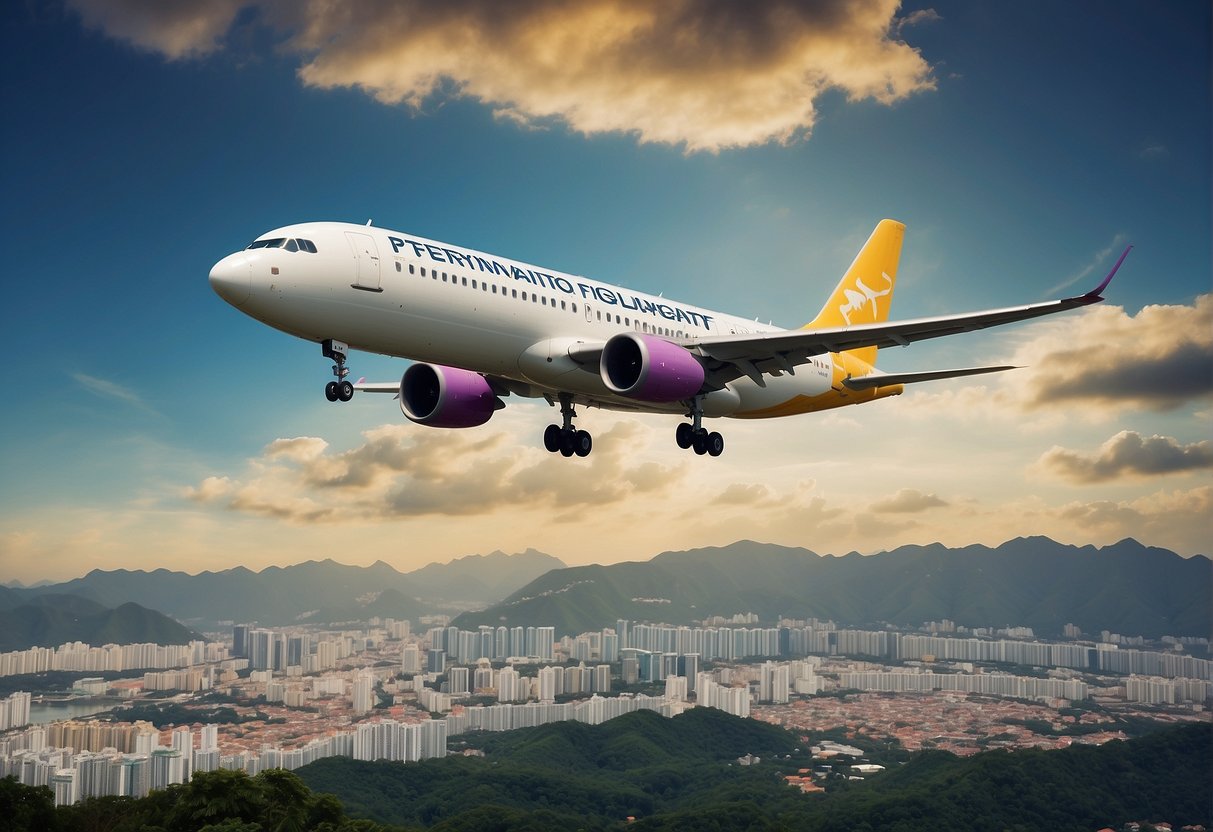 A vibrant airplane flying over iconic landmarks of Penang and Singapore, with bold text showcasing "Exciting Flight Promotions" in the sky