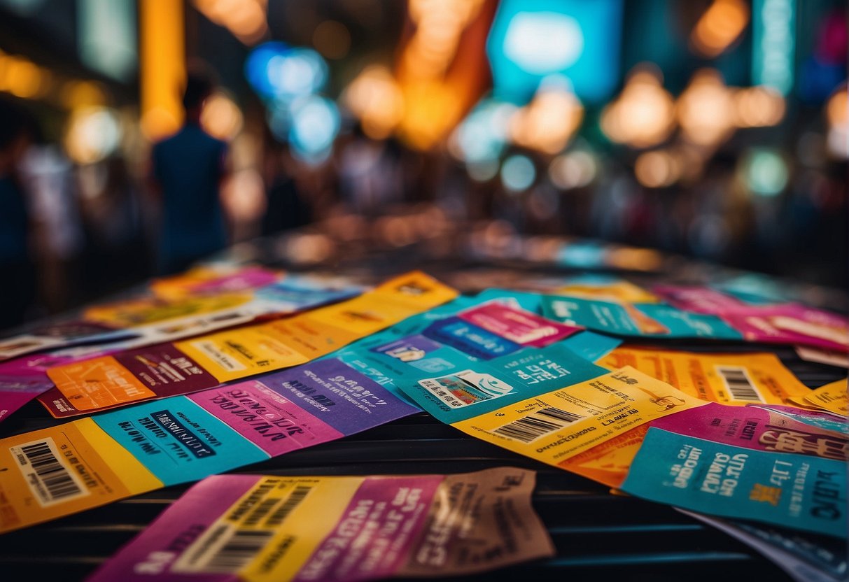 A vibrant scene of ticket promotions with colorful banners and lively music in Singapore
