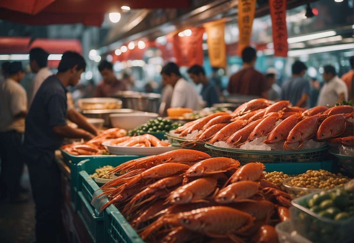 A bustling seafood market with vibrant red banners and fresh catches on display, surrounded by eager customers and the scent of the ocean