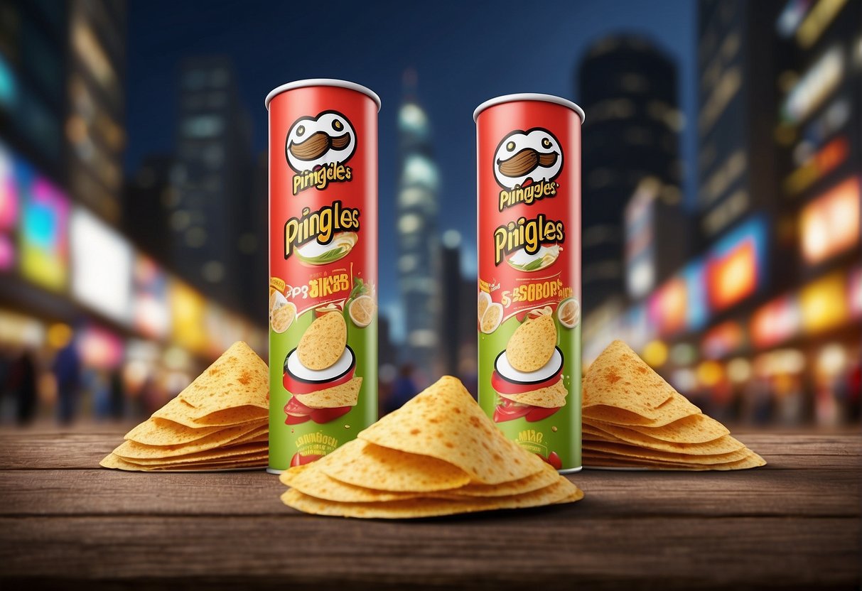 A stack of Pringles cans with Singaporean landmarks in the background, surrounded by promotional banners and a crowd of excited customers